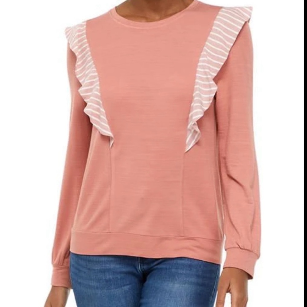 Cupio Long Sleeve Crew Neck Ruffled Woven Knit Top